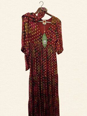 Farm Rio NWT Burgundy Floral Metallic Dot Maxi Dress Size S Boho